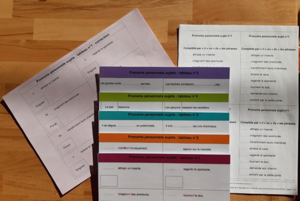 Pronoms personnels sujets Montessori ; manipulation étiquettes grammaire conjugaison Montessori