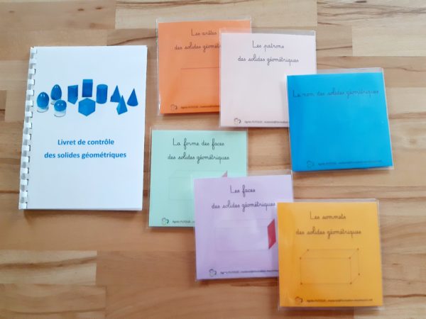 Solides géométriques Montessori : jeux d'extensions + livret de contrôle ; solides bleus Montessori