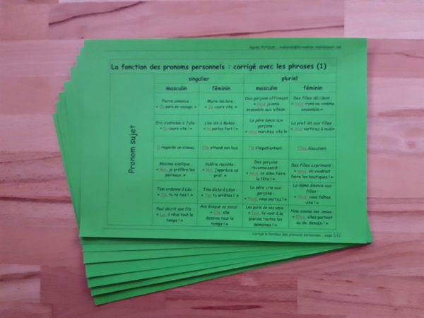 Les fonctions des pronoms personnels ; étiquettes de manipulation Montessori