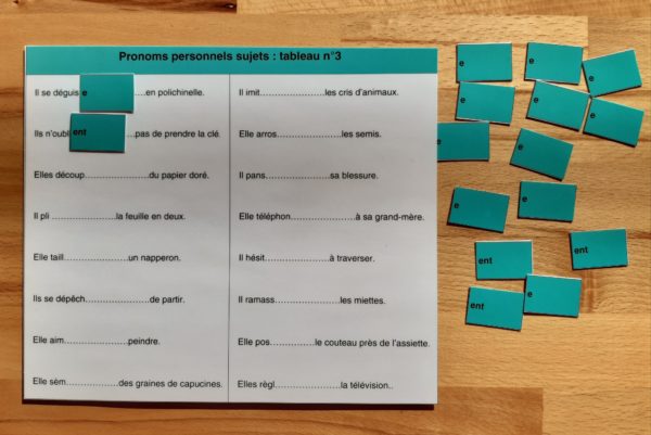 Pronoms personnels sujets Montessori ; manipulation étiquettes grammaire conjugaison Montessori