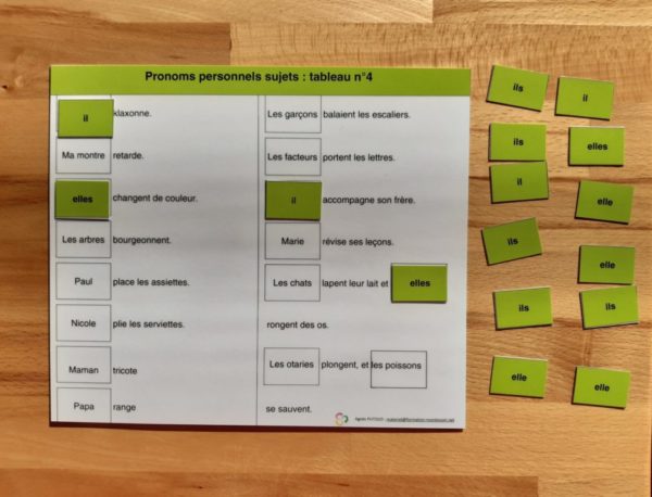 Pronoms personnels sujets Montessori ; manipulation étiquettes grammaire conjugaison Montessori
