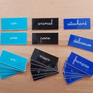 Concordance logique nom-adjectif ; étiquettes de manipulation Montessori ; grammaire Montessori