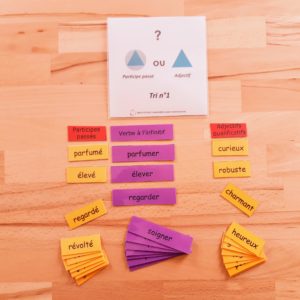 Participe passé ou adjectif, étiquettes Montessori, conjugaison Montessori