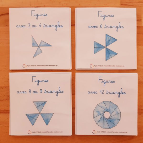 Modèles de figures à réaliser avec les 12 triangles bleus Montessori