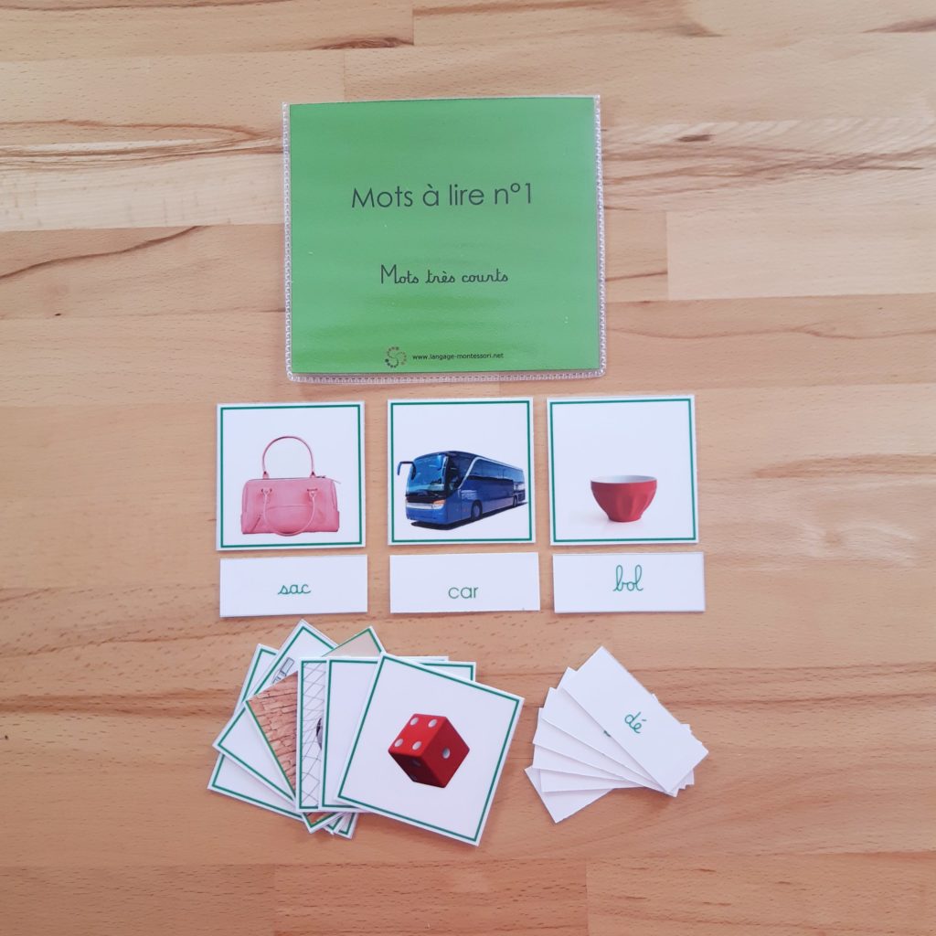 1ère série Lecture Montessori ; lecture du mot Montessori ; apprendre à lire et à écrire ; série verte