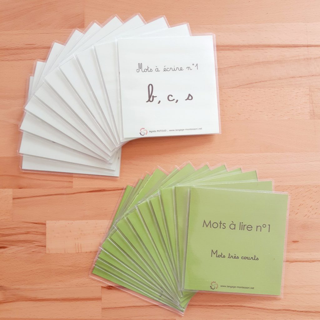 Lecture Montessori ; dictées muettes Montessori ; lecture du mot Montessori ; apprendre à lire et à écrire en pédagogie Montessori ; série verte ; 1ère série d’écriture-lecture